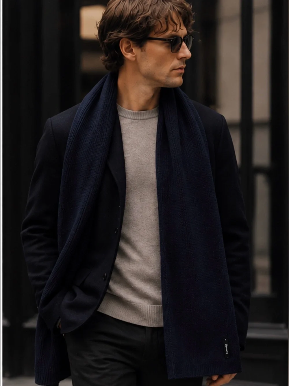 Theory Men’s 100% Merino Wool Navy Blue Oversized Ribbed Knit Scarf 88”x 10”